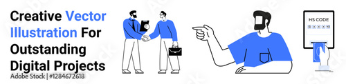 Two professionals shaking hands, a man pointing toward a direction, and a digital ID security setup. Ideal for teamwork, networking, digital security, guidance, business, technology flat landing