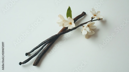 Delicate White Flowers and Dark Vanilla Pods Arranged Elegantly on a Neutral Background Showcasing Natural Beauty and Culinary Potential