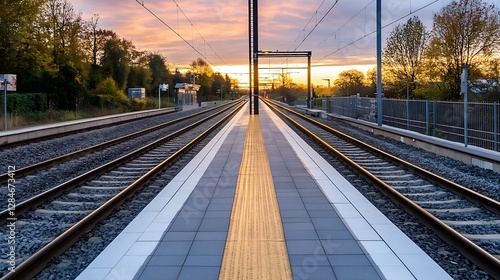 Modern train station platform highlighted by golden sunset rays and empty tracks creating a serene atmosphere : Generative AI photo