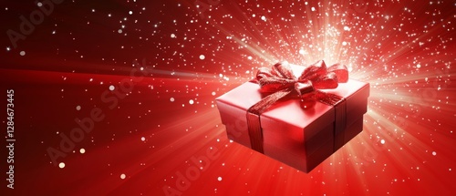 Bright Red Gift Box With a Ribbon Surrounded by Sparkling Lights Creates a Joyful Atmosphere for Celebrations and Special Occasions During the Holiday Season