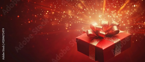 Bright Red Gift Box With a Ribbon Surrounded by Sparkling Lights Creates a Joyful Atmosphere for Celebrations and Special Occasions During the Holiday Season