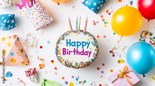 Celebrate a Joyful Birthday With Colorful Balloons, a Festive Cake, and Wrapped Gifts in a Cheerful Atmosphere Filled With Confetti