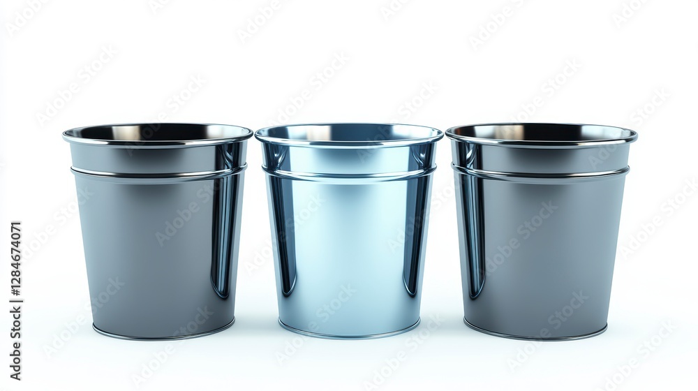 Three metallic bins against white background. Possible use Product catalog, design presentation Three metallic bins against white background. Possible use Product catalog, design presentation