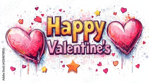 Colorful Valentine?s Day Greeting Featuring Hearts and Stars in an Artistic Design Celebrating Love and Joy