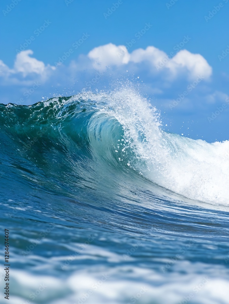 Stunning close up of a powerful ocean wave crashing against the beach under a beautiful blue sky : Generative AI Stunning close up of a powerful ocean wave crashing against the beach under a beautiful blue sky : Generative AI