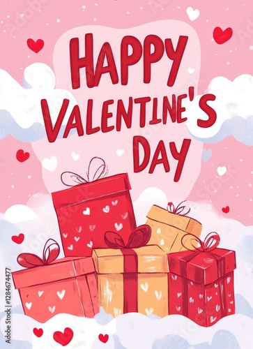 Colorful Gift Boxes With Hearts and Festive Text Celebrating Valentine's Day in a Cheerful and Romantic Atmosphere