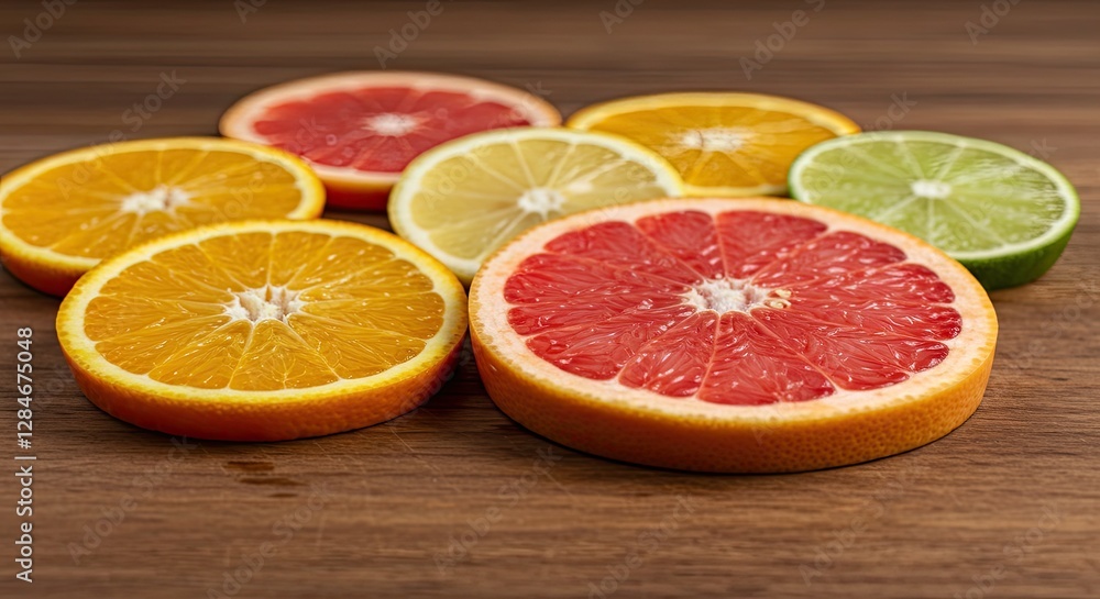 Arrangement of Freshly Sliced Citrus Fruit on a Wooden Surface Arrangement of Freshly Sliced Citrus Fruit on a Wooden Surface