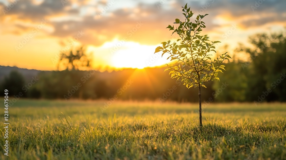 Fototapeta premium Young tree growing in a golden field during sunset providing a warm serene atmosphere : Generative AI