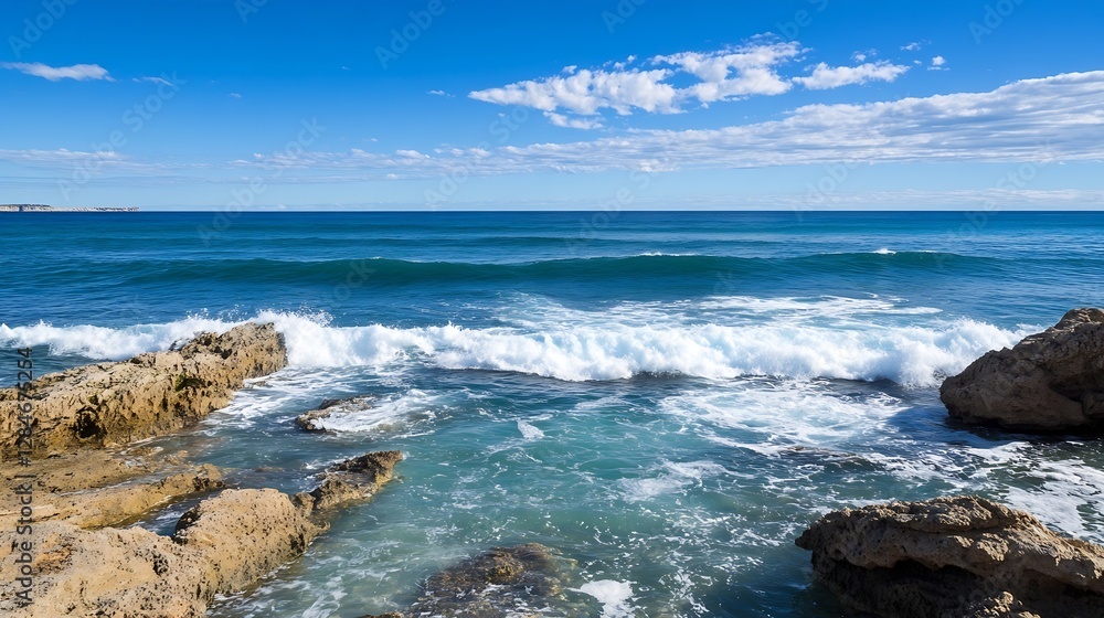 Scenic Ocean Waves Crashing on Rocky Shore with Bright Blue Sky and Clouds : Generative AI Scenic Ocean Waves Crashing on Rocky Shore with Bright Blue Sky and Clouds : Generative AI
