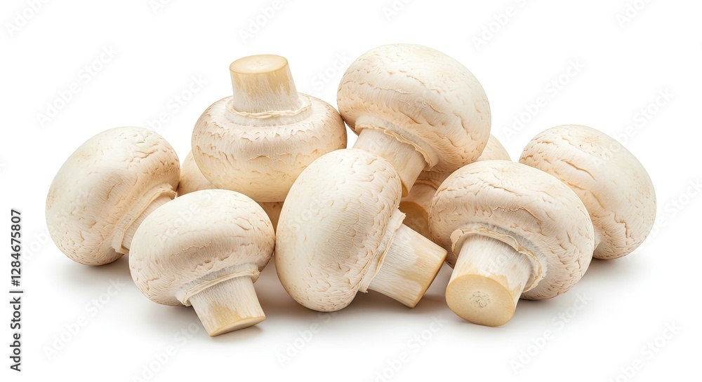 Fresh White Button Mushrooms Pile on White Background for Cooking Fresh White Button Mushrooms Pile on White Background for Cooking