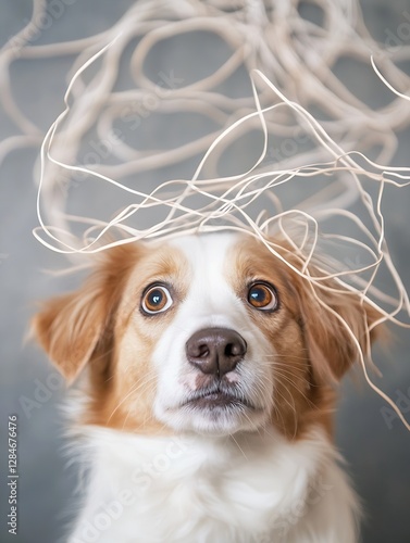 Cute dog posing with puzzled expression surrounded by tangled cords in a creative artistic setting : Generative AI photo