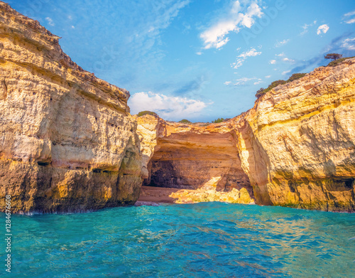 Collapsed sea cave along the stunning coast of the Algarve near Benagil, Portugal