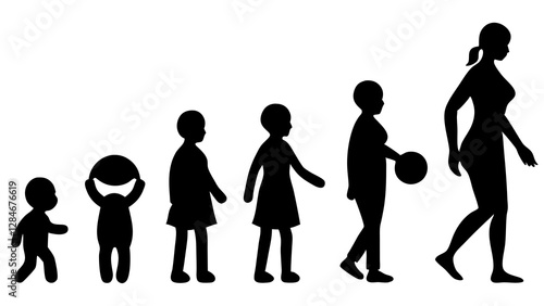 Life cycles of woman from a little baby to senior woman silhouette vector illustration
