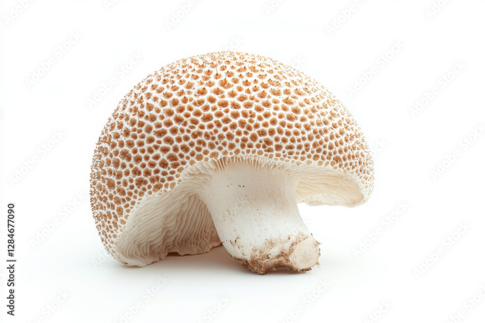Fototapeta premium Close-up of a textured mushroom cap with intricate patterns on a pristine white background, showcasing its unique and detailed surface structure.