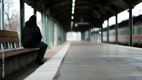 Lonely Figure Sitting on a Bench at a Train Station Evoking a Sense of Waiting and Reflection : Generative AI photo