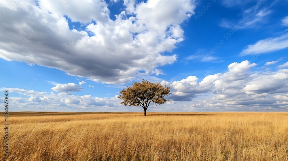 Lone tree standing majestically in golden grass field beneath a bright blue sky : Generative AI Lone tree standing majestically in golden grass field beneath a bright blue sky : Generative AI