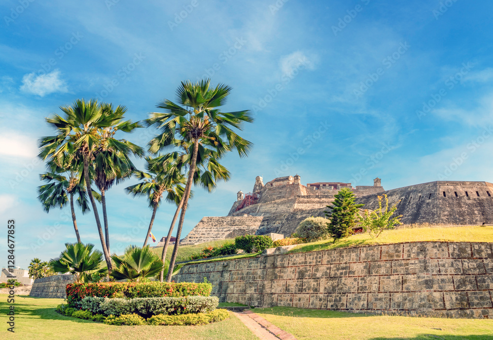 View of the ruins of the San Felipe de Barajas Castle from its surrounding gardens, in Cartagena, Colombia