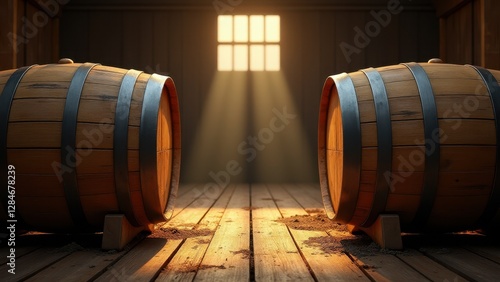 Connected barrels, Two connected wooden barrels in a rustic barn bathed in warm sunlight streaming through cracks photorealistic front view photo