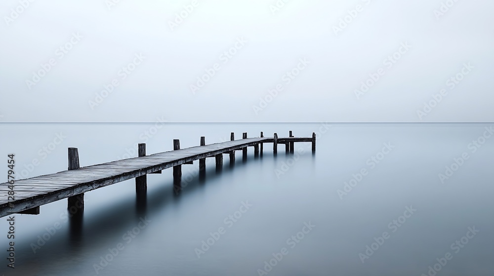 Naklejka premium Serene wooden pier stretching into calm tranquil waters with a misty overcast sky : Generative AI