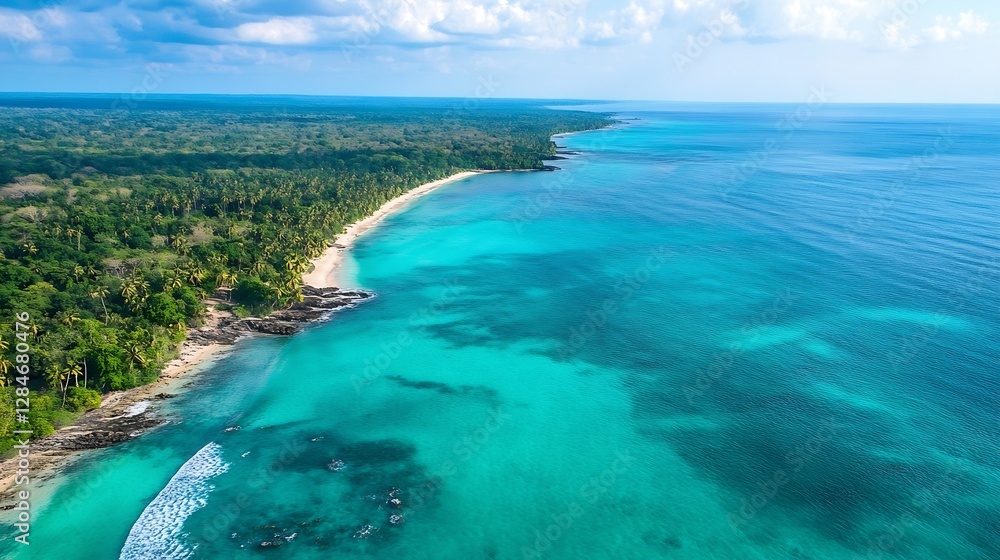 Obraz premium Aerial View of Turquoise Caribbean Waters and Lush Green Tropical Coastline : Generative AI