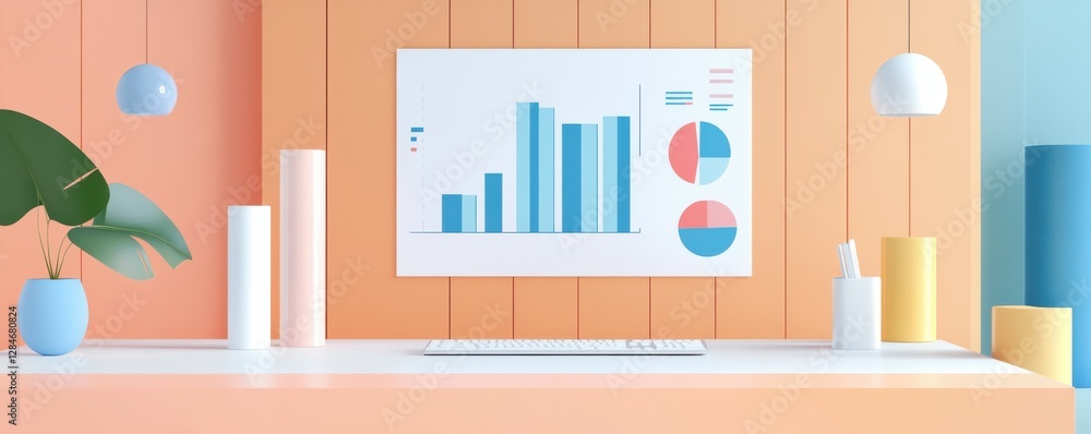 Modern office workspace with chart poster and pastel decor elements Modern office workspace with chart poster and pastel decor elements