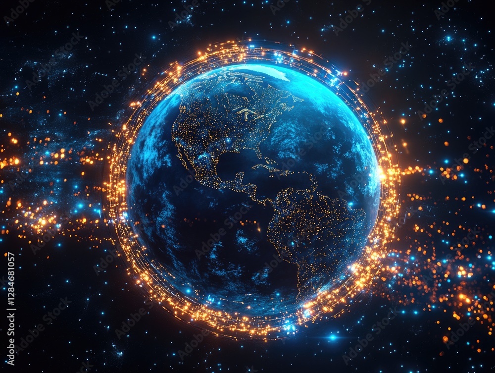 Obraz premium A graphical representation of the Earth with digital connections, possibly symbolizing global connectivity through technology and internet.