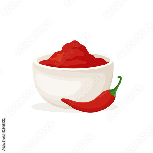 Chili powder spice in bowl. Hot spices. Vector set illustration