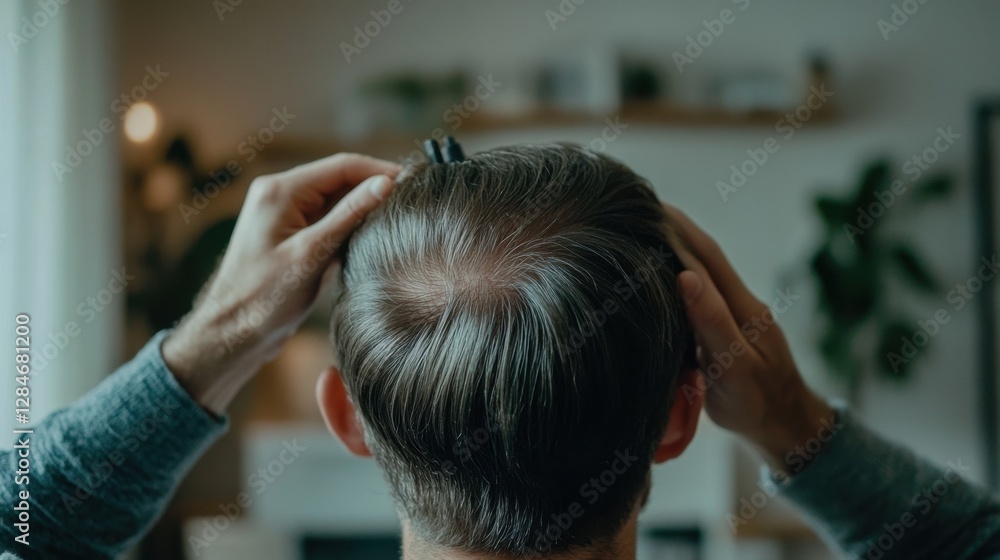 Naklejka premium Hair loss evident in a person applying a hair thickening serum in a serene living room. Featuring treatment and restoration