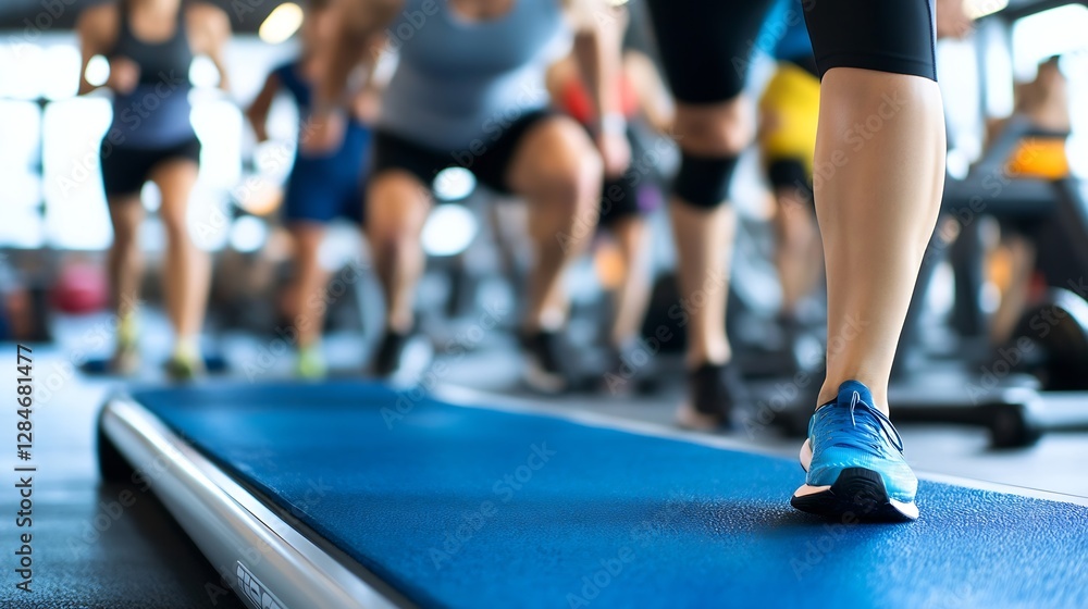 Group of individuals exercising vigorously on treadmills in a bright fitness studio promoting an active lifestyle : Generative AI Group of individuals exercising vigorously on treadmills in a bright fitness studio promoting an active lifestyle : Generative AI