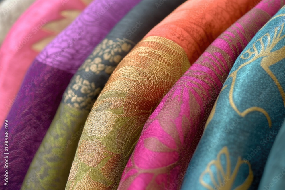 Close-up of assorted fabric designs, showcasing variety in color and pattern for use in clothing or home decor. Close-up of assorted fabric designs, showcasing variety in color and pattern for use in clothing or home decor.