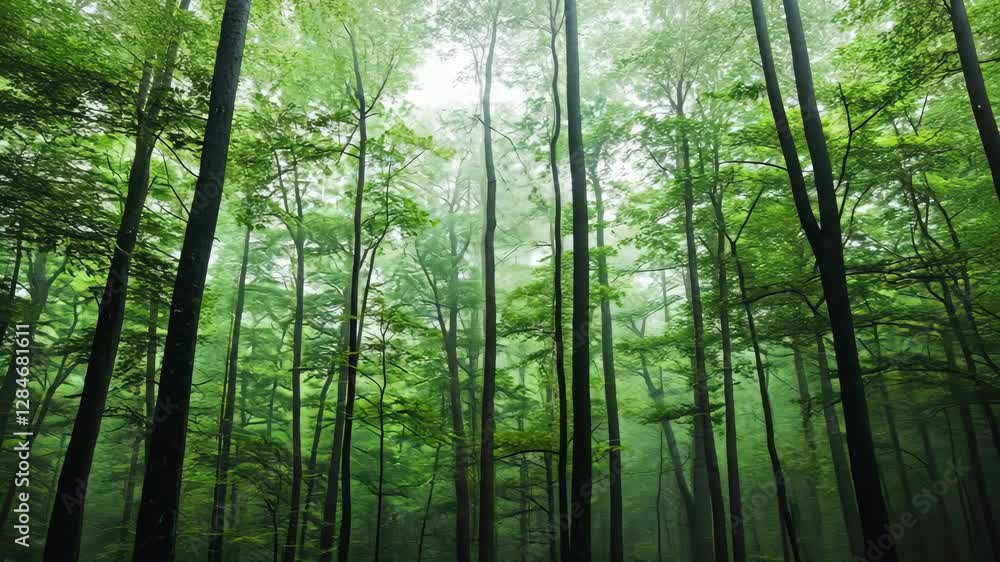 Lush green forest with tall trees shrouded in mist during early morning hours in a serene natural setting Lush green forest with tall trees shrouded in mist during early morning hours in a serene natural setting