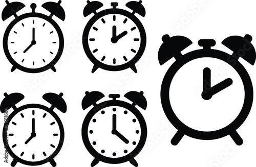 Alarm Clock Silhouettes set, Classic Timepiece and Wake-Up Icons
