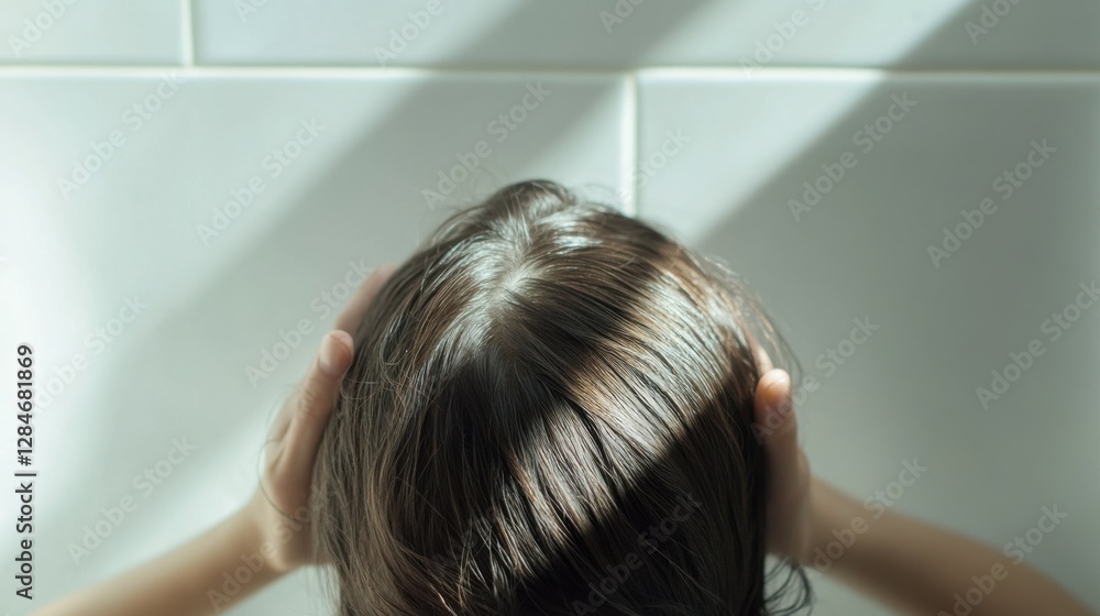 Hair loss evident in a person examining their thinning hair in a bright bathroom. Featuring self-awareness and care Hair loss evident in a person examining their thinning hair in a bright bathroom. Featuring self-awareness and care