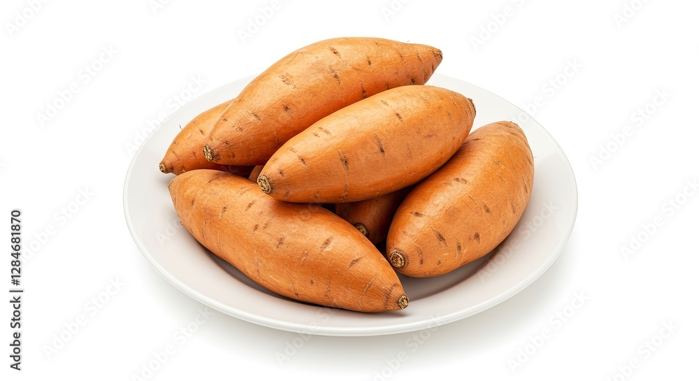 Pile of Fresh Sweet Potatoes on White Plate Isolated Background Pile of Fresh Sweet Potatoes on White Plate Isolated Background