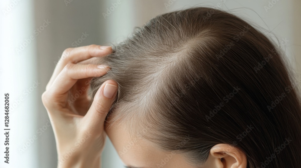 Hair loss evident in a person inspecting their thinning hairline in front of a bedroom mirror. Featuring self-awareness and concern Hair loss evident in a person inspecting their thinning hairline in front of a bedroom mirror. Featuring self-awareness and concern