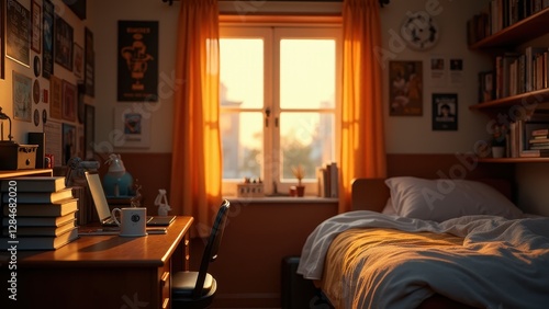 Dorm room, A cozy dorm room at sunset with golden light books coffee and indie posters. Hyper-realistic textures 8K UHD.