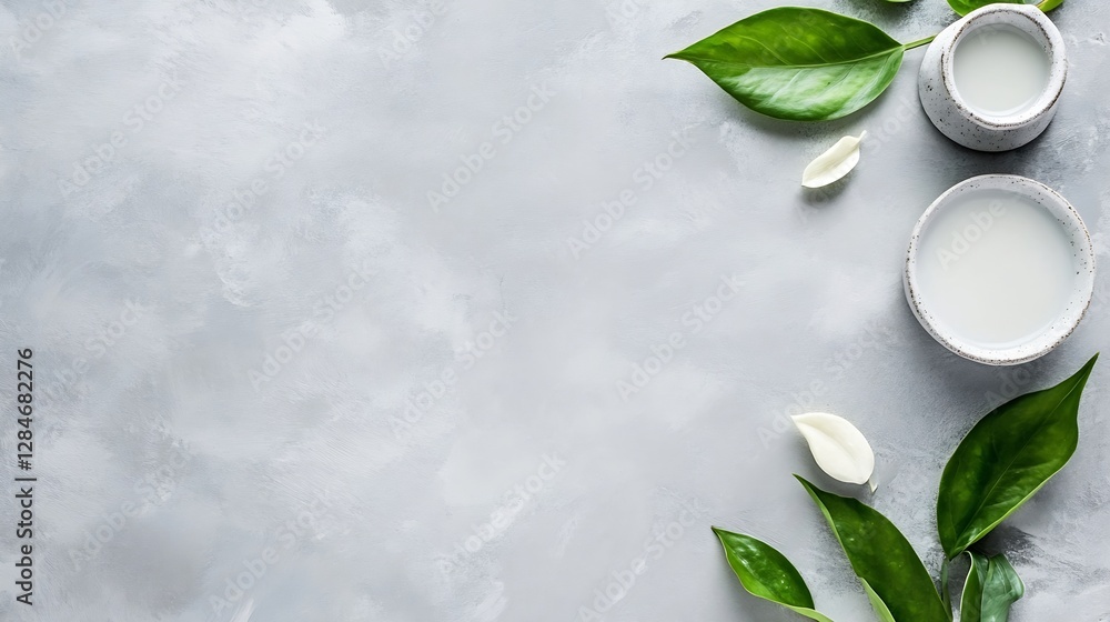 Creative arrangement of fresh green leaves and smooth creamy textures on a stylish gray background : Generative AI Creative arrangement of fresh green leaves and smooth creamy textures on a stylish gray background : Generative AI