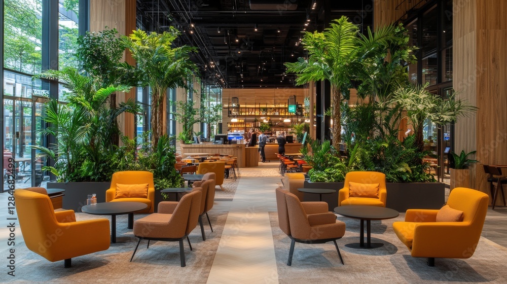 Fototapeta premium Modern lounge interior with plants and seating in vibrant atmosphere