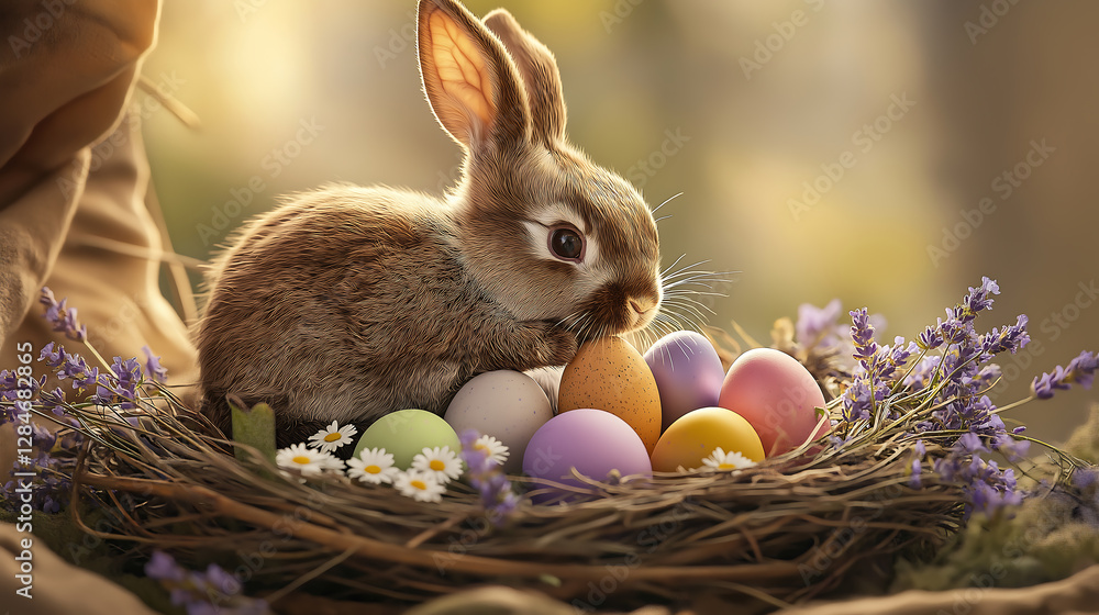 Nest filled with colourful eggs and rabbit leaving copy space. Nest filled with colourful eggs and rabbit leaving copy space.