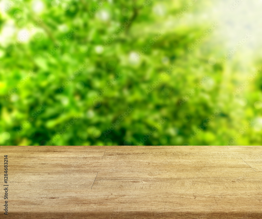 Wooden table front abstract blurred tree garden yellow green tone background, Light of sun shines at sunrise or sunset, Fresh and bright mood used component for making posters or product brochures. Wooden table front abstract blurred tree garden yellow green tone background, Light of sun shines at sunrise or sunset, Fresh and bright mood used component for making posters or product brochures.