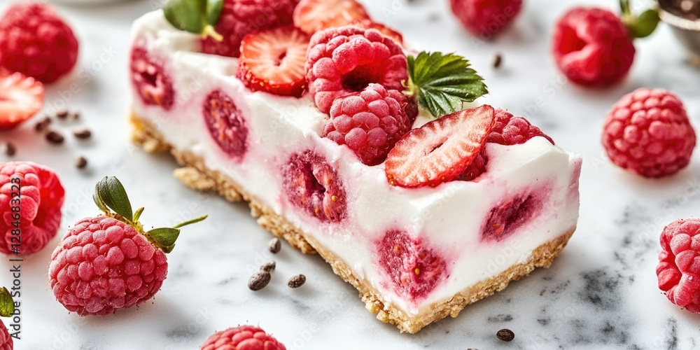 A tempting slice of raspberry cheesecake topped with fresh raspberries and a sprig of mint. A tempting slice of raspberry cheesecake topped with fresh raspberries and a sprig of mint.