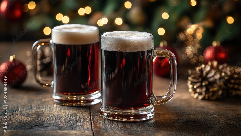 Christmas Beer: Two mugs of dark beer on wooden table with Christmas lights and ornaments Christmas Beer: Two mugs of dark beer on wooden table with Christmas lights and ornaments