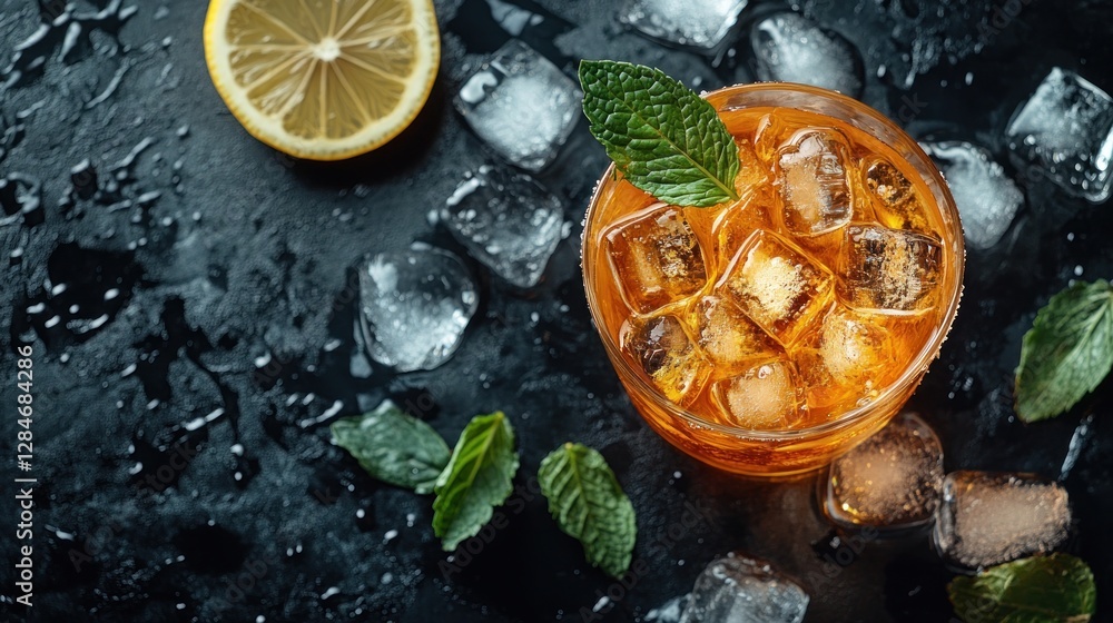 Fototapeta premium Iced tea drink with lemon and mint on dark background