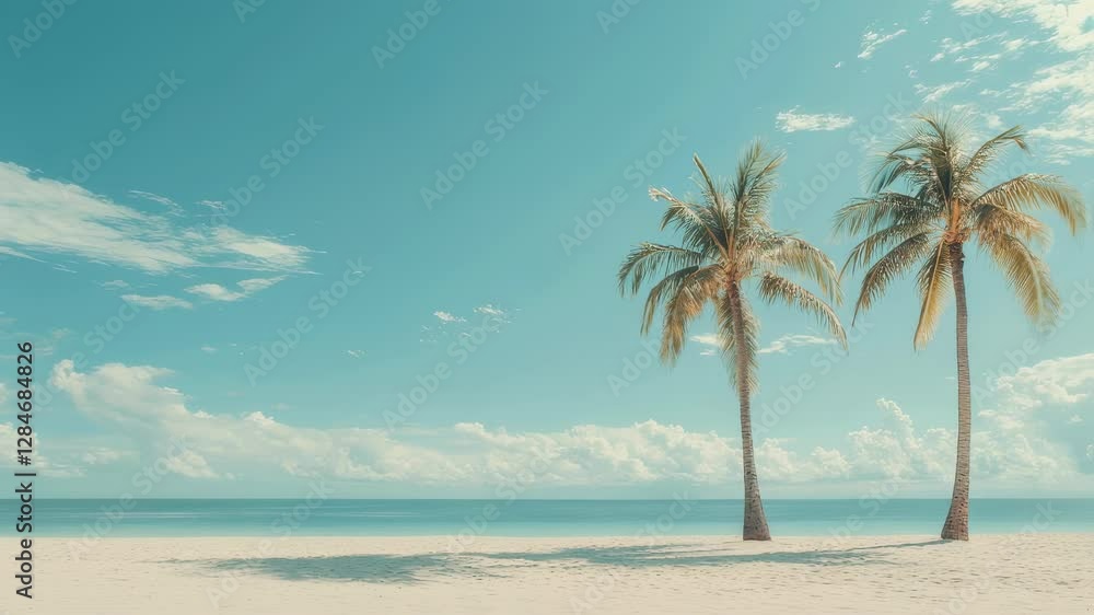 Tropical paradise beach with swaying palm trees on white sand. Turquoise ocean meets clear blue sky. Summer vacation destination. Caribbean island getaway concept for travel agency with copy space Tropical paradise beach with swaying palm trees on white sand. Turquoise ocean meets clear blue sky. Summer vacation destination. Caribbean island getaway concept for travel agency with copy space