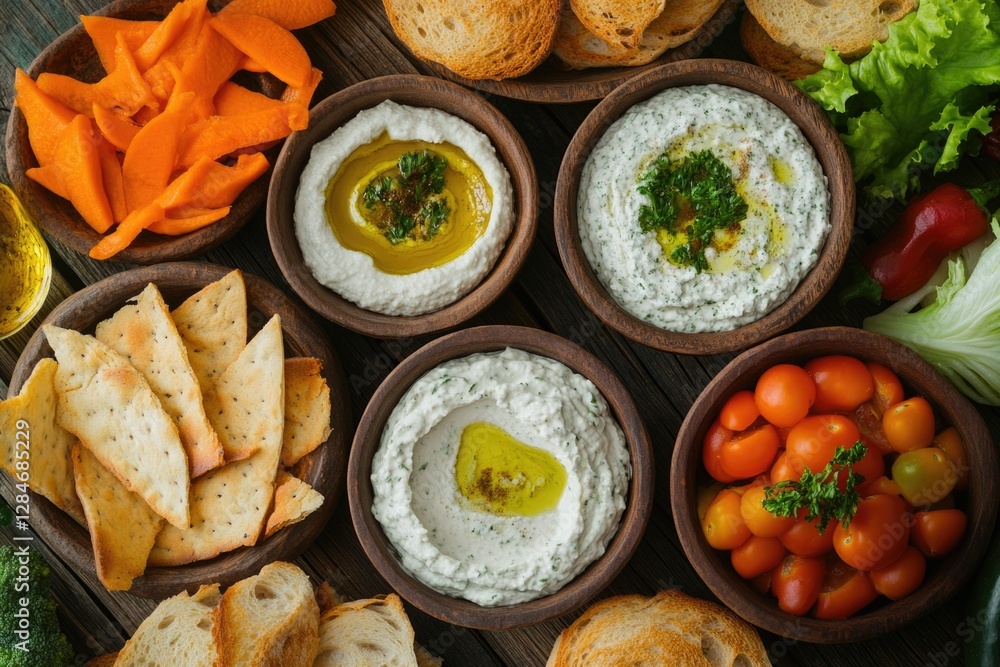 A variety of vegetables, hummus and pita bread on a wooden board. A variety of vegetables, hummus and pita bread on a wooden board.