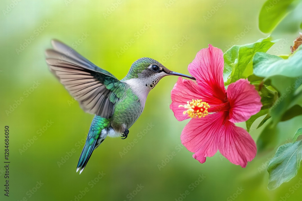 Naklejka premium Hummingbird in mid-flight approaching a bright pink flower