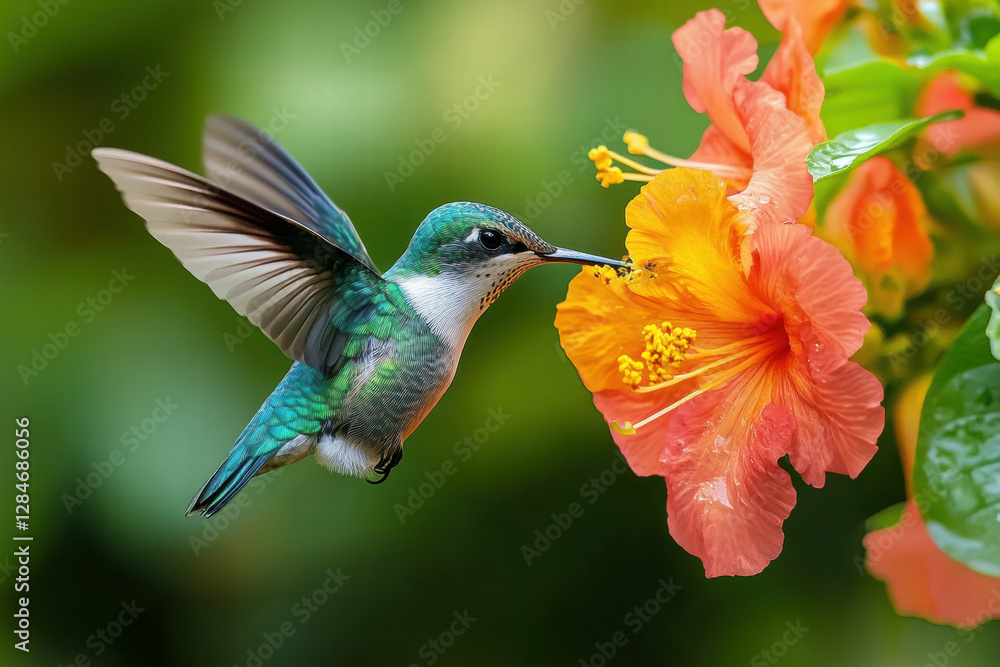 Fototapeta premium Hummingbird feeding on an orange tropical flower in a lush garden