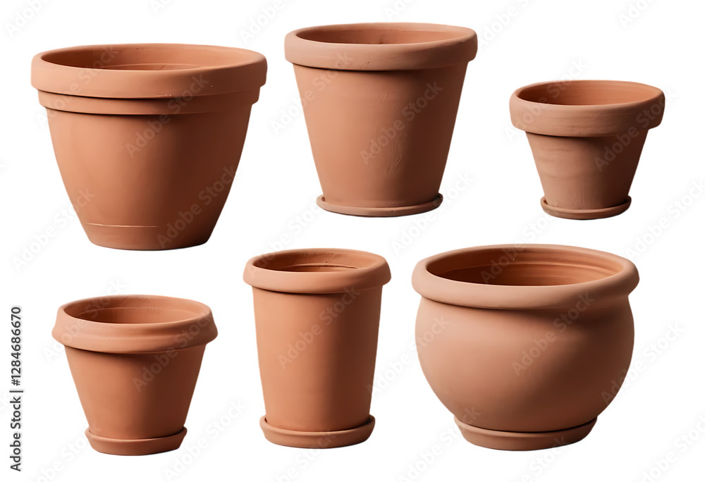 A set of empty clay planters isolated on a white or transparent background, png. A set of empty clay planters isolated on a white or transparent background, png.