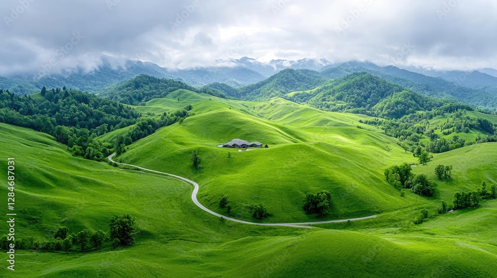 Fototapeta premium Scenic mountain road winding through lush green hills, house in valley