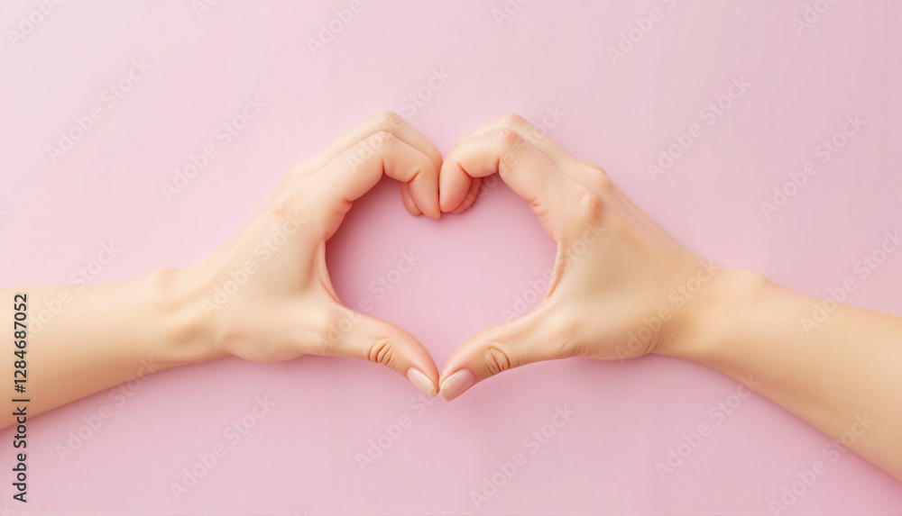 Fototapeta premium Hands forming heart shape against pink background